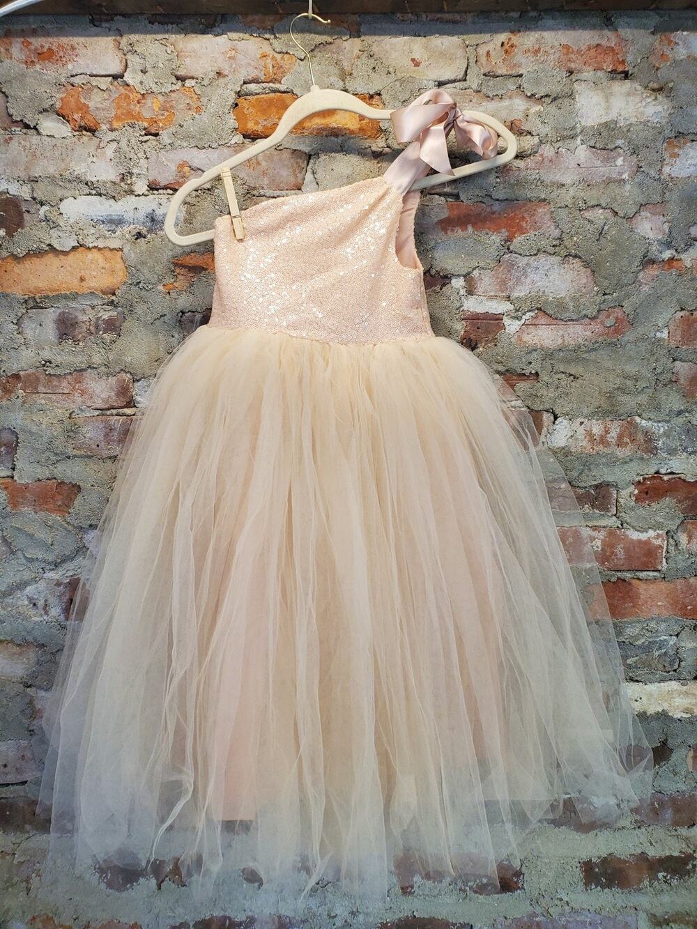 Girls Pink Sequin Tulle Dress Size 3 One Shoulder Special Occasion Party